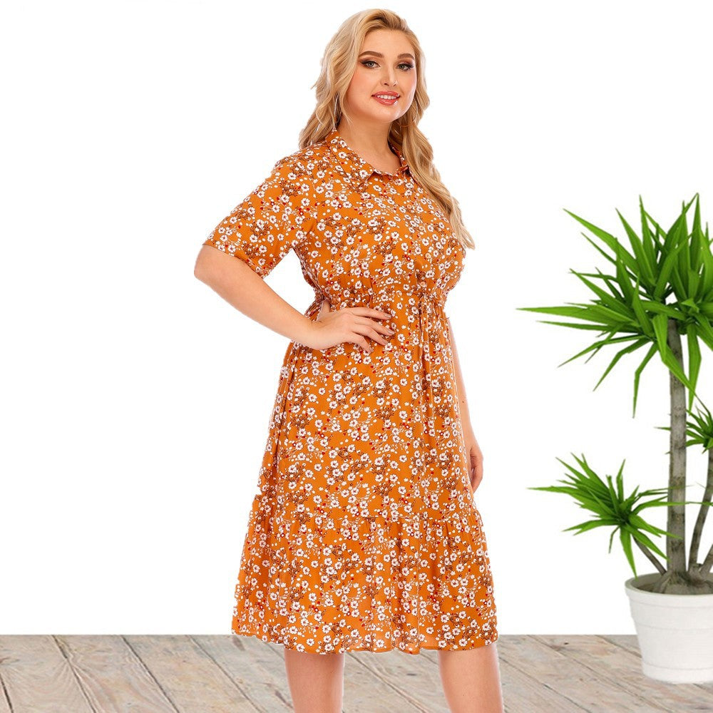 Lapel Collar V Neck Button Floral Wholesale Plus Size Bohemian Dresses Summer