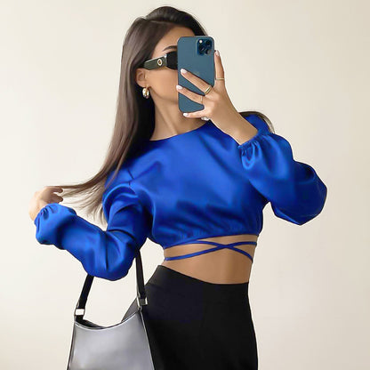 Long Sleeve Cross Solid Color Reversible Design Crop Top Wholesale Women Top