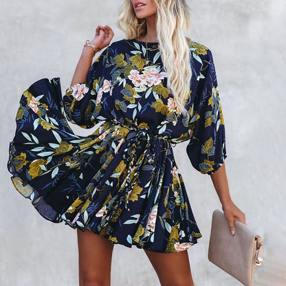 Floral Print 3/4 Sleeve Tie Waist Chiffon Wholesale A Line Dresses For Women Summer