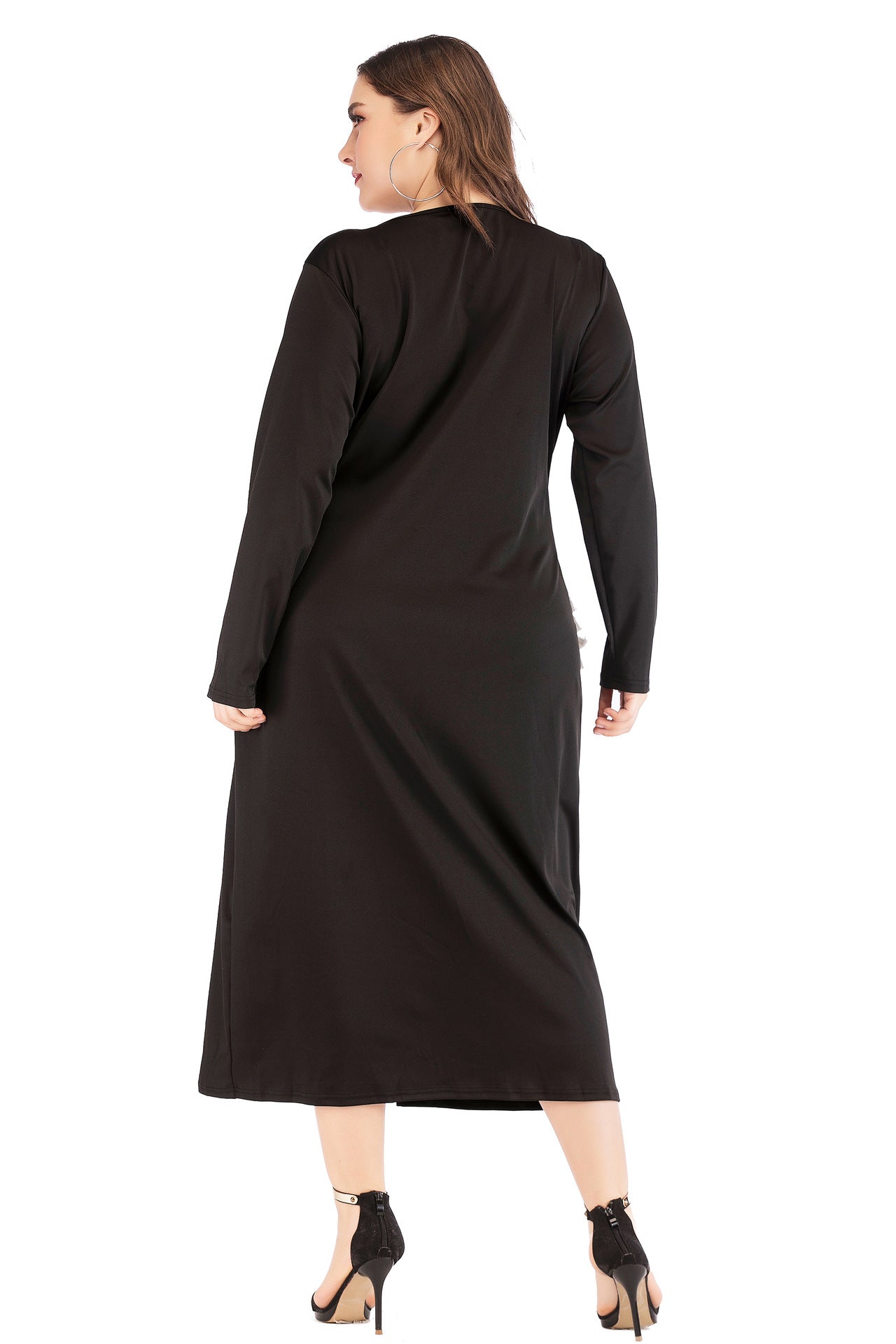 Wholesale Plus Size Women Clothing V-Neck Long-Sleeve Stitching Tassel Casual Commuter A-Line Dress