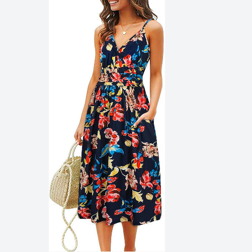 Printed Sling Dress Loose Beach Midi Dress With Pocket Casual Vacation Wholesale Dresses V Neck