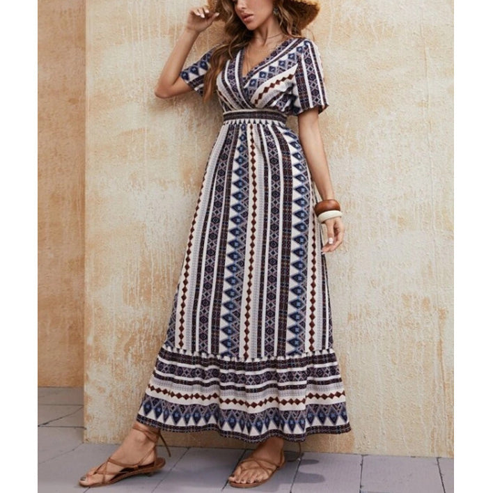 Fashion Printed V-Neck Short Sleeve Vacation Maxi Dresses Wholesale Bohemian Dress For Women