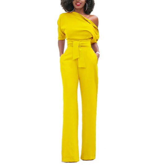 Solid Color Slanted Collar Women Jump Suits Wholesale Jumpsuits