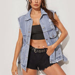 Sleeveless Loose Solid Color Single-Breasted Women Ripped Wholesale Denim Jacket