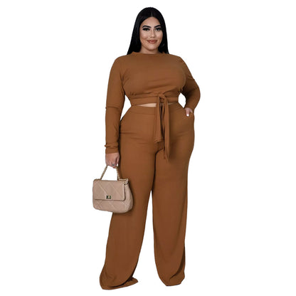 Plus Size 2pcs Wholesale Women Long Sleeve Top + Wide Leg Pants