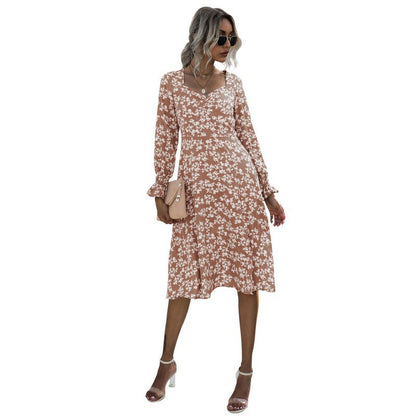 Floral Print Puff Long Sleeve V Neck Wholesale Swing Dresses