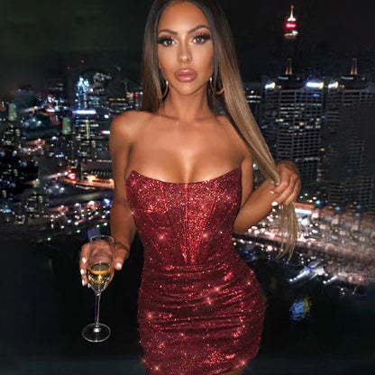 Plain & Sequin Sexy Off Shoulder Wrap Chest Pleated Satin Corset Dress Wholesale Bodycon Dresses