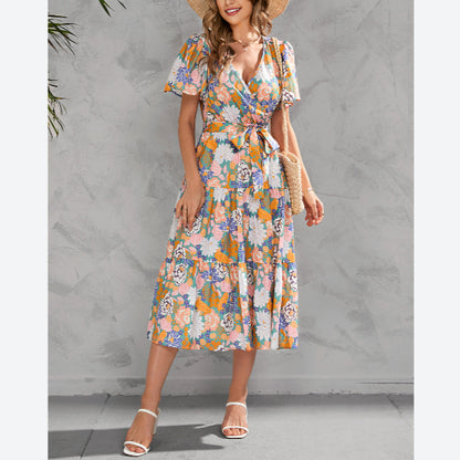 Short-Sleeve Floral Printed V-Neck Lace-Up Waist Midi Smocked Dress Casual Wholesale Dresses