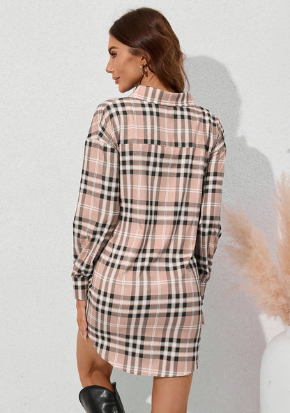 Plaid Print Lace-Up Long-Sleeve Shirtdress Wholesale Shirt Dresses