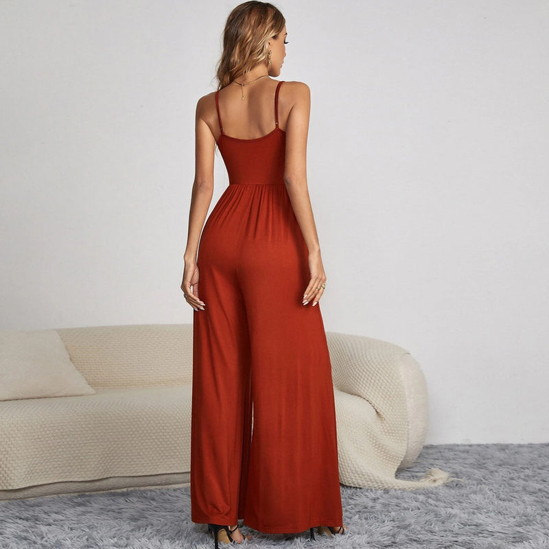 Solid Color Casual Sling Loose Womens Wide-Leg Maxi Jumpsuits Wholesale Rompers