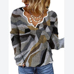 Casual Loose Printed V-Neck Tops Long Sleeves Wavy Wholesale Sweater Vendors