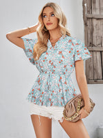 Casual V-Neck Waist Floral Tunic Top Wholesale Womens Tops