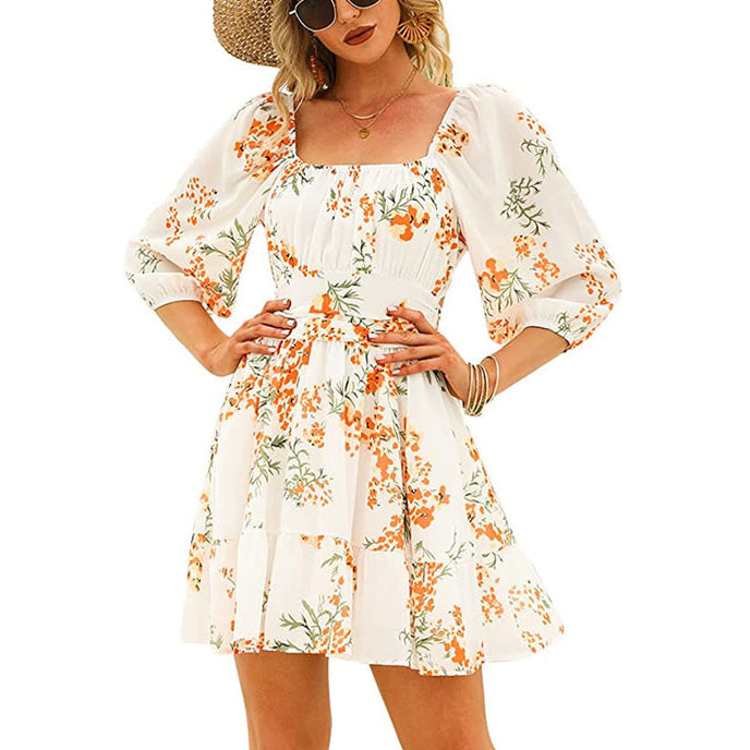 Floral Print Square Neck 3/4 Lantern Sleeve Backless Chiffon Ruffled Dress Sexy Wholesale Dresses