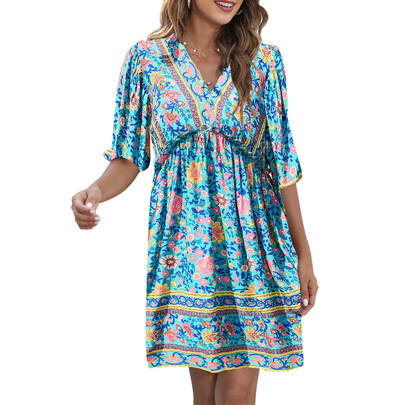 Printed V Neck Puff Sleeve Boho Dress Wholesale Bohemian Dress For Women
