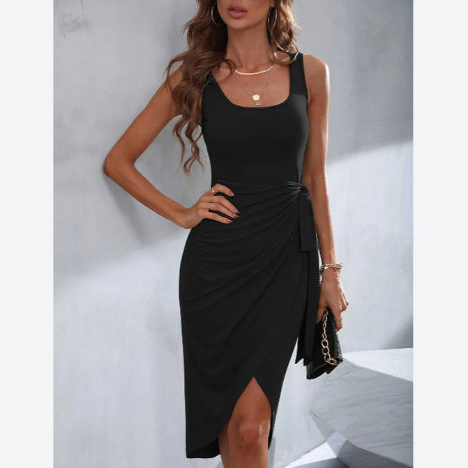 Tie-Up Sleeveless Pleated Irregular Wrap Tank Dress Wholesale Dresses