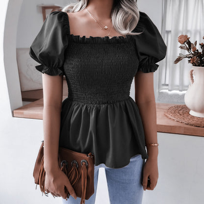 Solid Color Casual Lantern Sleeve Ruffled Elasticity Design Blouse Wholesale T Shirts Womens Tops