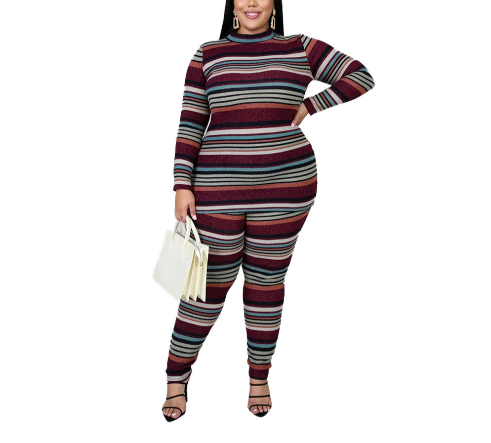 Striped Turtle Neck Plus Size Wholesale Casual Set