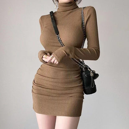 Long-Sleeved Turtleneck Skinny Pleated Sexy Mini Dress Wholesale Dresses