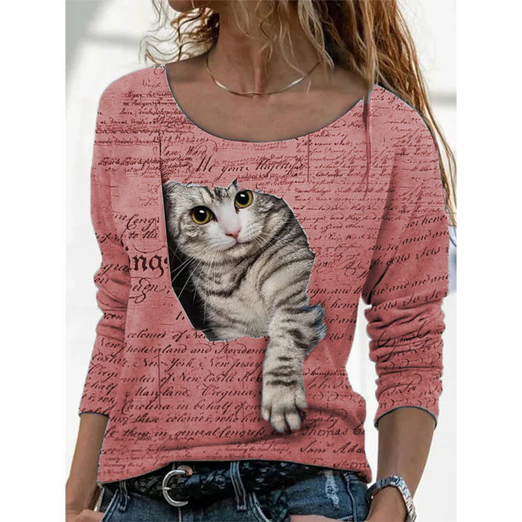 Printed Long Sleeve Round Neck Casual Womens Tops Wholesale T Shirts