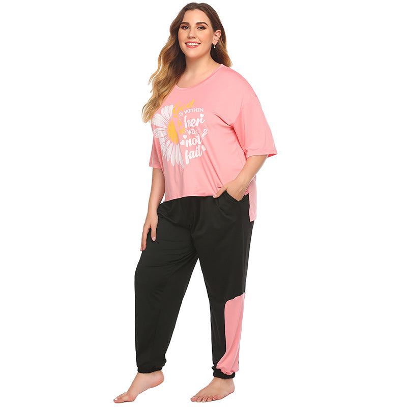 Daisy Print T-Shirt & Trousers Pajamas Sets Wholesale Plus Size Clothing