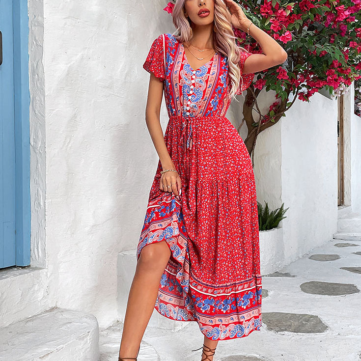 Boho Printed Flare Short Sleeve Lace-Up Ethnic Style Midi Bohemian Dress Wholesale Dresses N5323022200230
