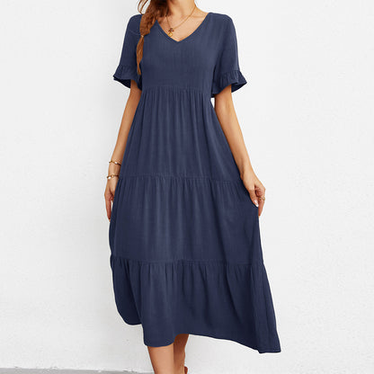 Fashion Loose V-Neck Swing Dress Solid Color Short Sleeve Wholesale Dresses