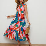 Geometric Print Fashion Tie-Up Sleeveless Fashion Long Smocked Swing Dress Wholesale Dresses