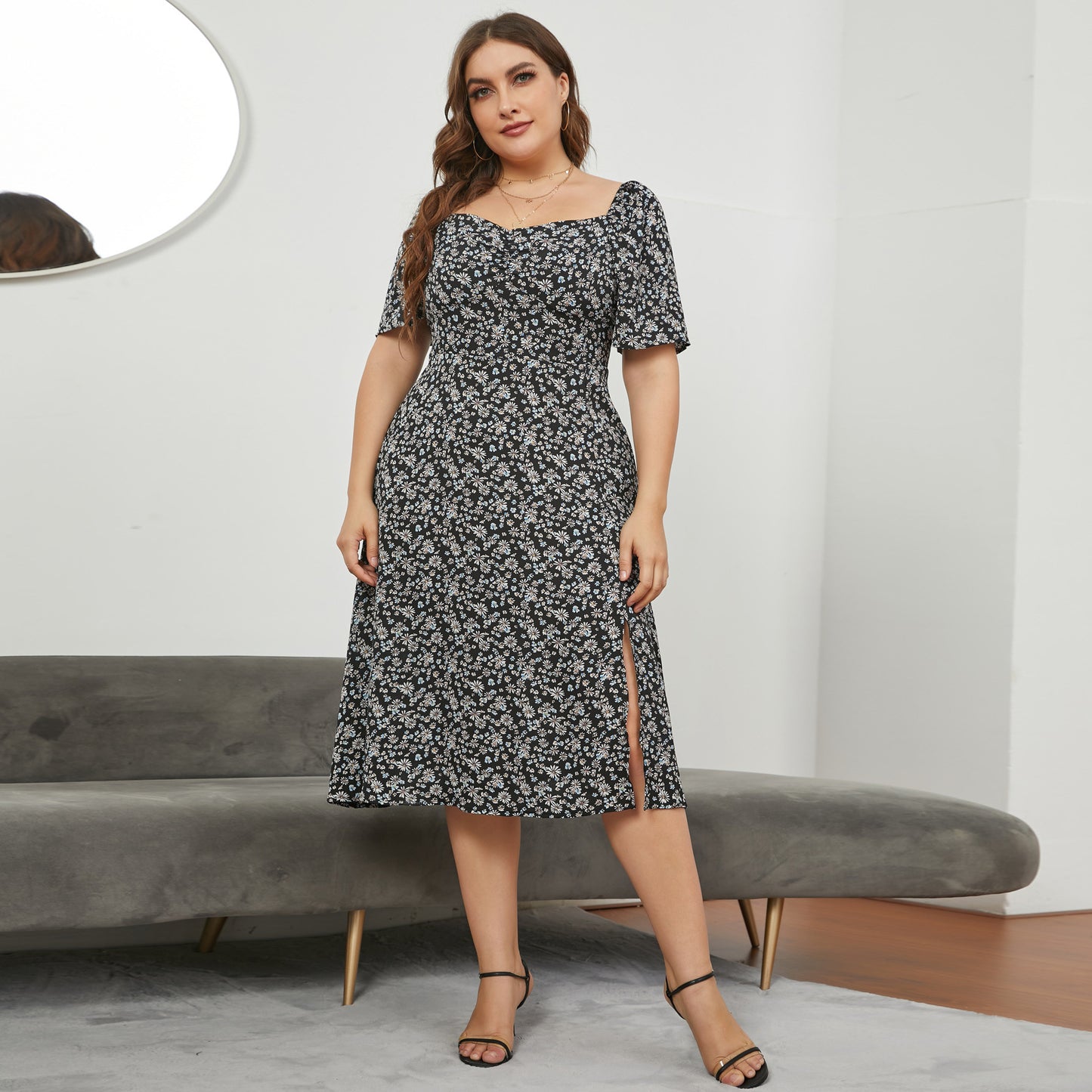 Plus Size Wholesale Floral Slit Midi Dress