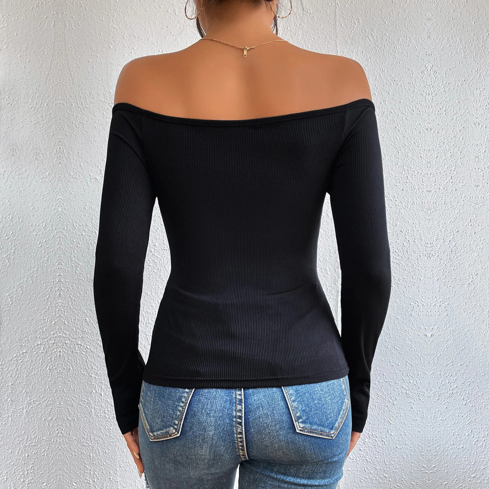 Sexy Off-Shoulder Tops Solid Color Slim Long Sleeve Knitted Wholesale Top