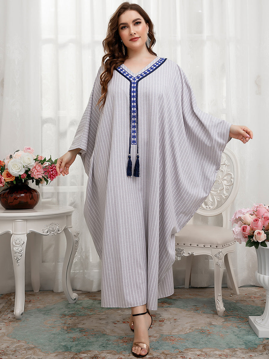 Casual Embroidered Fringe Striped Bat Sleeve Loose Maxi Dress Wholesale Plus Size Clothing