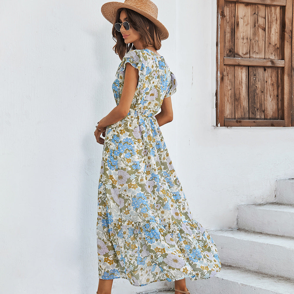 Floral Print V Neck Frill Sleeve Nipped Waist Mid-Length Ruffled Flowy Dress Casual Wholesale Dresses