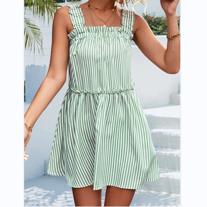 Striped Ruffle Drawstring Slip Dress Wholesale Dresses