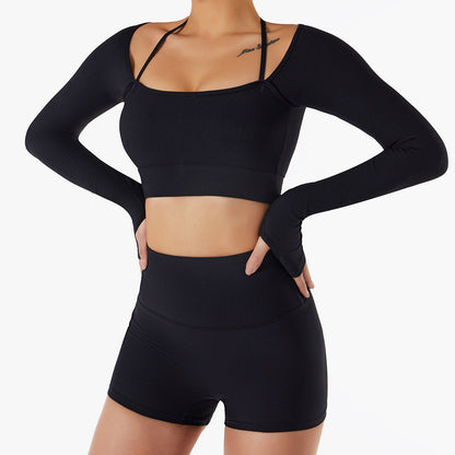 Women Long Sleeve Low Cut Solid Color Active Tops Wholesale Yoga Running Crop Tops