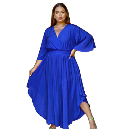 V-Neck Flared Sleeve Women Curvy Flowy Dresses Wholesale Plus Size Maxi Dresses