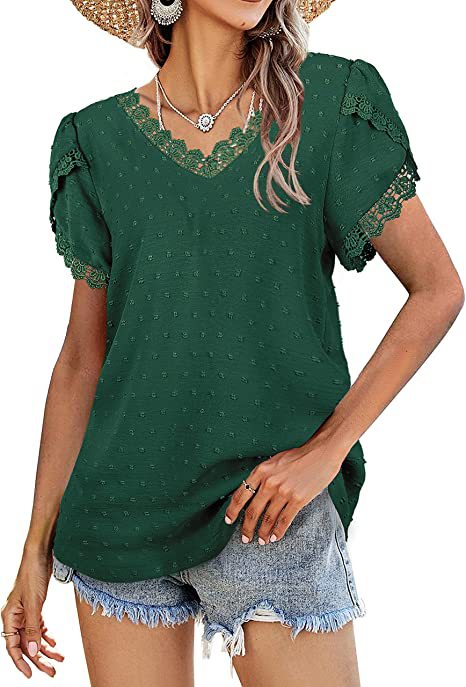 Lace Stiching Jacquard Petal Sleeve V-Neck Flocking Women'S Top Casual Wholesale T Shirts ST531081