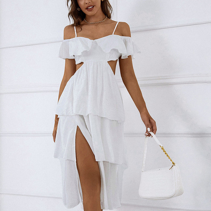 Backless Hollow Slit Layered Cake White Cami Dress Wholesale Dresses