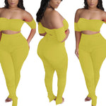 Solid Color Sexy Off Shoulder Tube Tops & Tight Pleated Pants Womens Wholesale Two Piece Sets