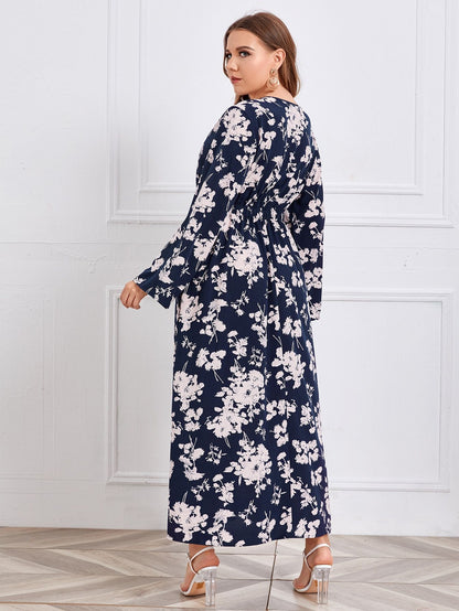 Long Sleeve Floral Print Casual Women Curvy Maxi Dresses Wholesale Plus Size Clothing