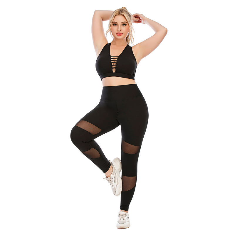 Black Cutout Sport Bra & Mesh Leggings Curve Fitness Yoga Suits Plus Size Two Piece Sets Wholesale Activewears