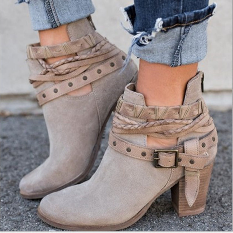 Fashion Womens Belt Buckle Chunky Heel Martin Boots Wholesale Shoes
