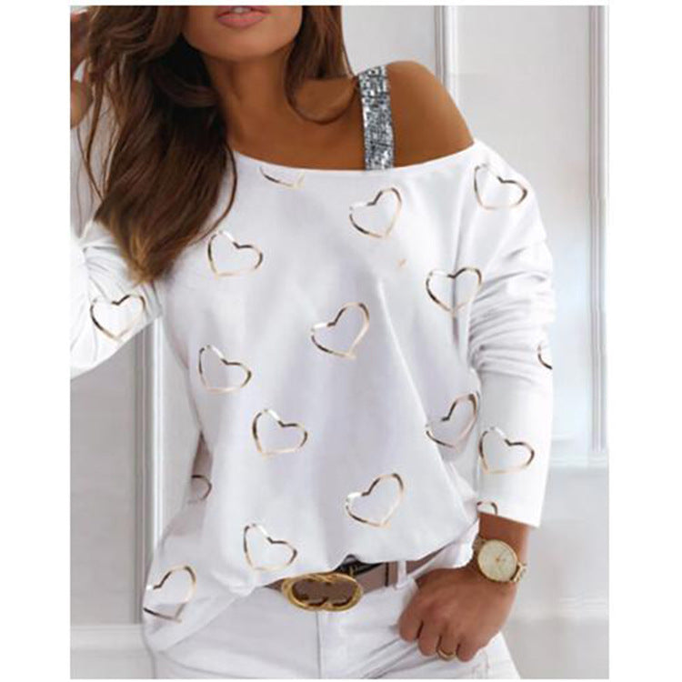 Heart Printed Drop Shoulder Sequins Fashion Pullover Long Sleeve Womens T-Shirts Wholesale Blouse