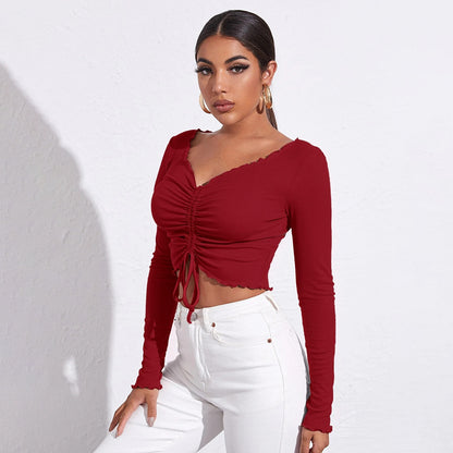 Sexy V-Neck Drawstring Pleats Top Solid Color Long Sleeve Slim Wholesale Crop Tops