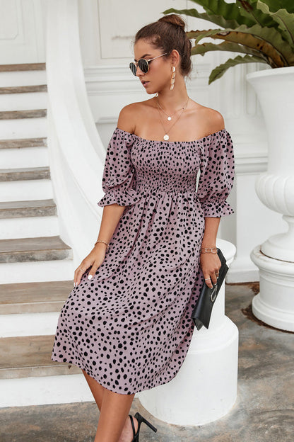 Dot Print Wide Neck Puff Sleeve High Waist Midi Dress Casual Wholesale Dresses