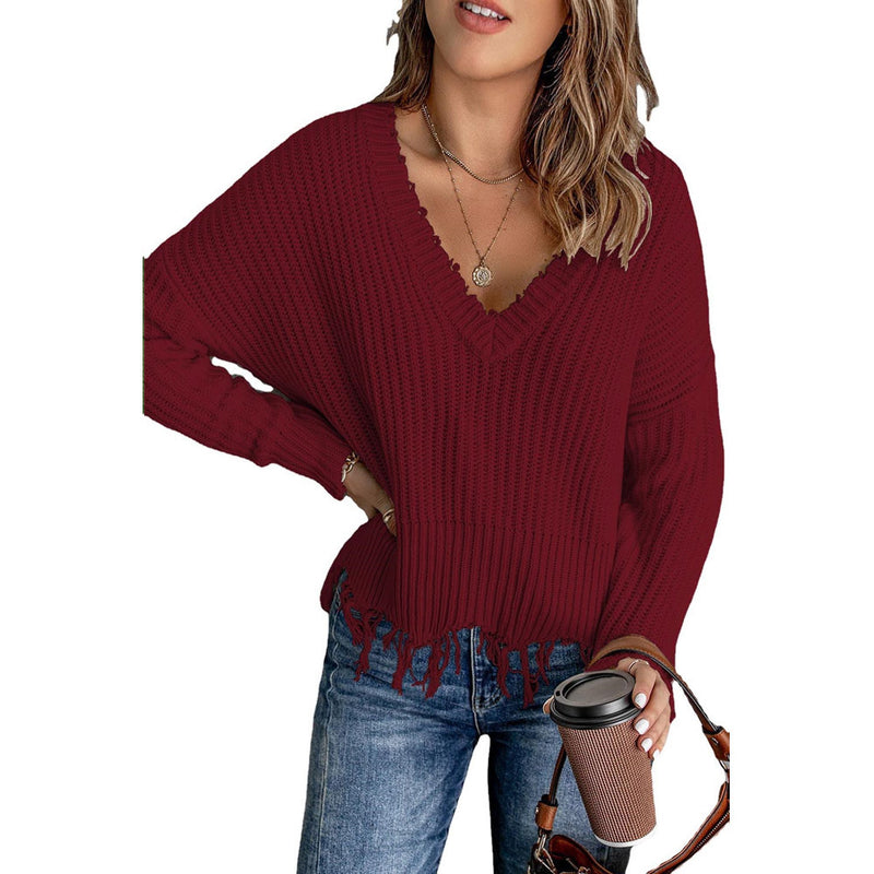Solid Color Fashion Tassel Knit Sweater Wholesale Womens Tops