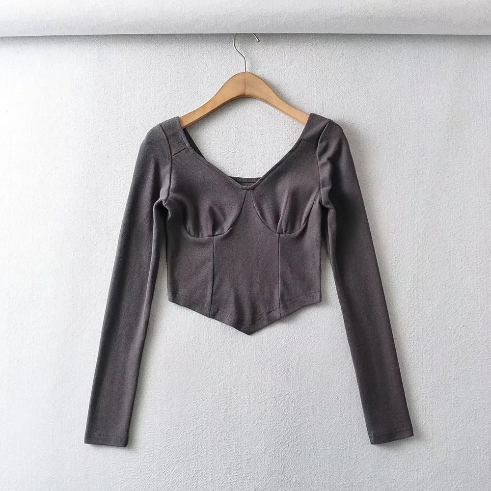 Square Neckline Low Cut Long Sleeves Triangular Hem Slim Fit Crop Top Wholesale Women Top