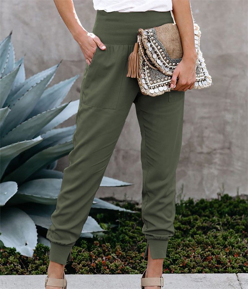 Elastic Waist Cropped Slim Fit Slit Linen Trousers Wholesale Women Pants