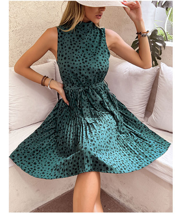 Casual Leopard Tank Dress Lace-Up Ruched Sleeveless Wholesale Dresses