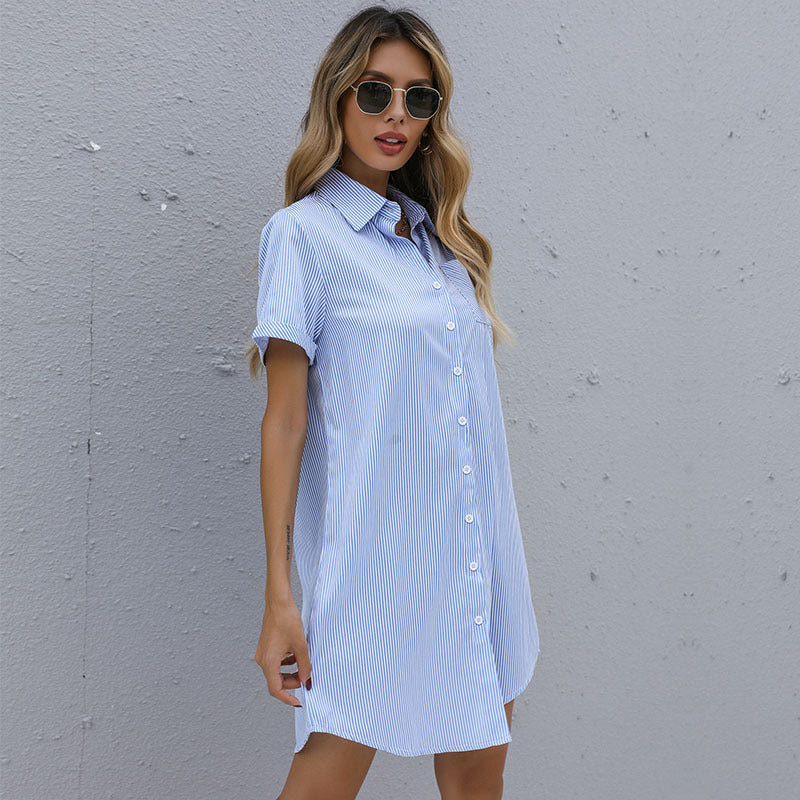 Striped Stand Collar Button Down Irregular Wholesale Shirt Dresses Summer