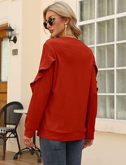 Ruffled Long-Sleeve Crew Neck T Shirts Wholesale Womens Tops