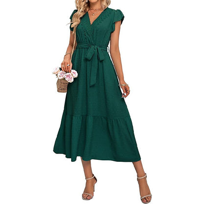 V-Neck Lace-Up Flying Sleeves Jacquard Midi Swing Dress Wholesale Dresses